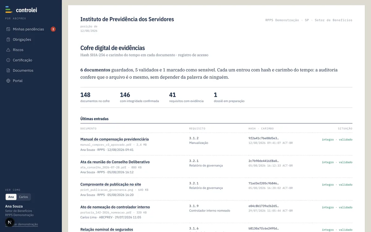 Histórico de Arquivos com seis documentos, cada um exibindo o requisito vinculado, o hash truncado e o carimbo do tempo