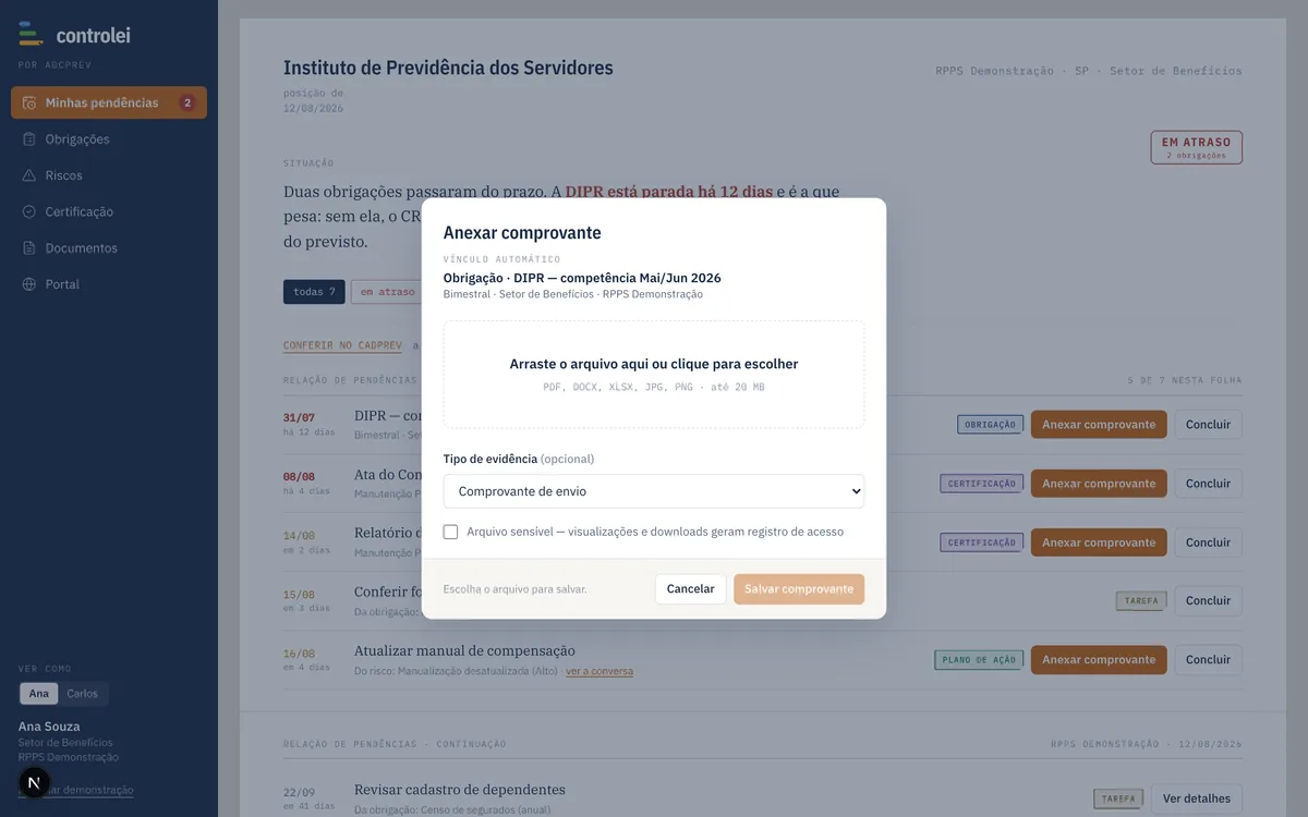 Modal Anexar comprovante com vínculo automático à DIPR, tipo de evidência e marcação de arquivo sensível