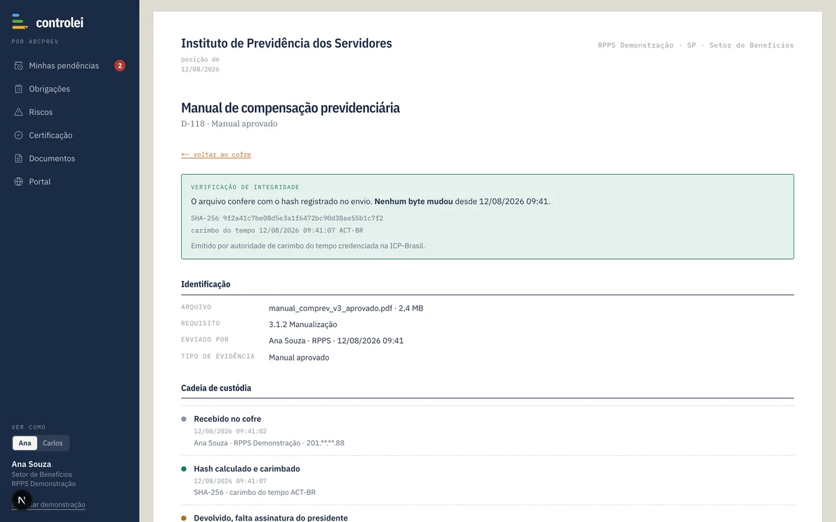 Documento no Histórico de Arquivos: verificação de integridade confirmando que nenhum byte mudou, identificação e cadeia de custódia com cinco passos datados