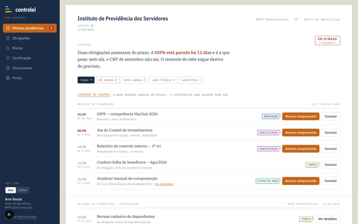 Tela Minhas pendências: sete pendências da Ana, duas em atraso, com a DIPR de Mai/Jun em destaque