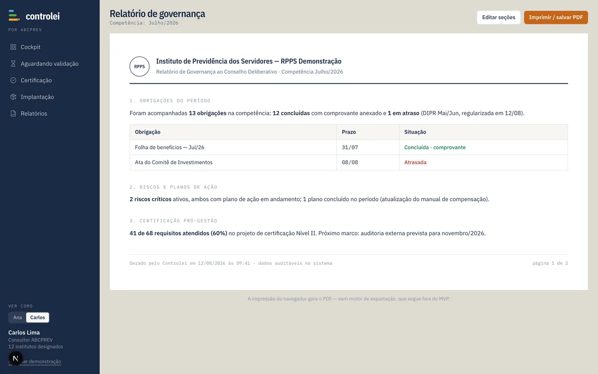 Relatório de governança ao conselho deliberativo com obrigações do período, riscos e certificação